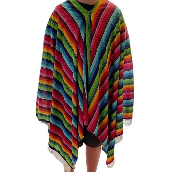 Poncho Mexican Serape Rainbow Color Stripes Adult Unisex One Size - Picture 2 of 8